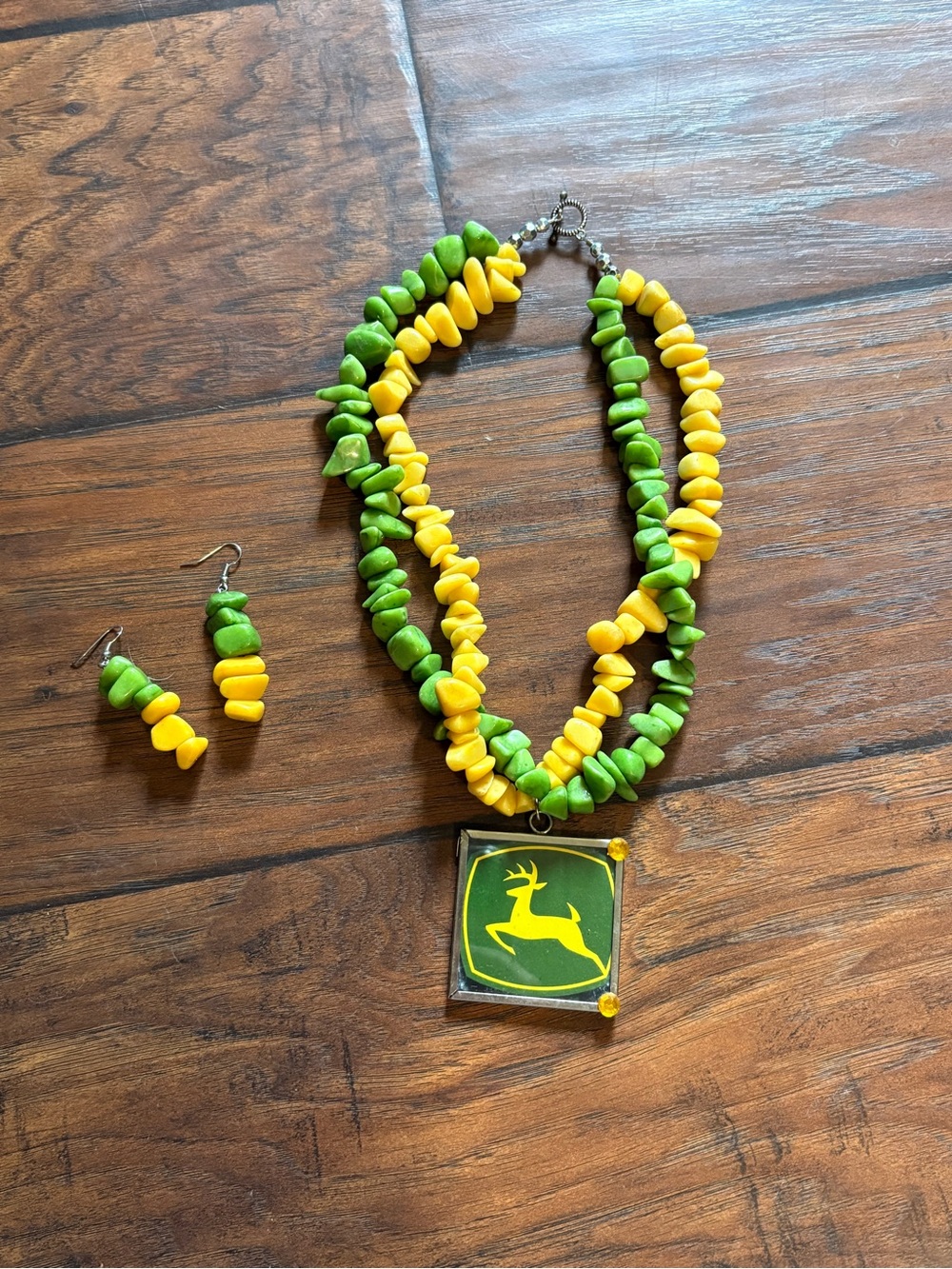 John Deere-Inspired Green and Yellow Beaded Necklace with Matching Earrings
